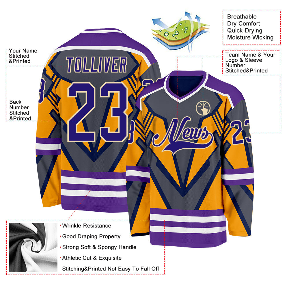 Custom Gray Dark Purple Yellow Cream-White 3D Pattern Cyber Mecha E-sport Hockey Jersey