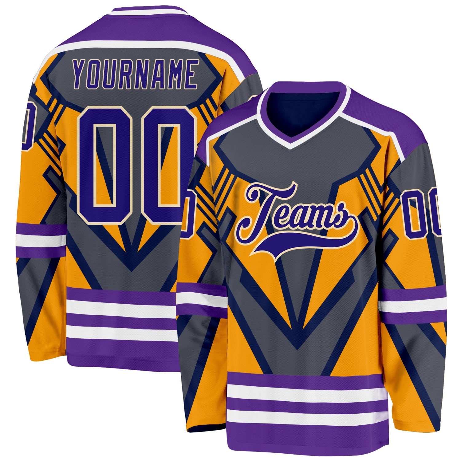 Custom Gray Dark Purple Yellow Cream-White 3D Pattern Cyber Mecha E-sport Hockey Jersey