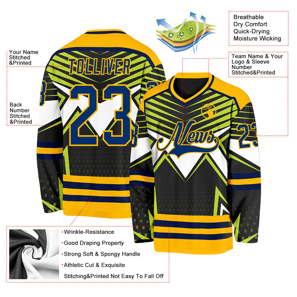 Custom Black US Navy Blue Green Navy Gold-White 3D Pattern Cyber Mecha E-sport Hockey Jersey