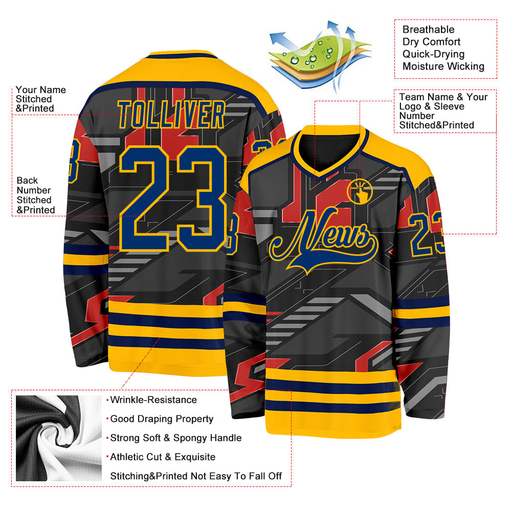 Custom Black US Navy Blue Gray Orange-Gold 3D Pattern Cyber Mecha E-sport Hockey Jersey