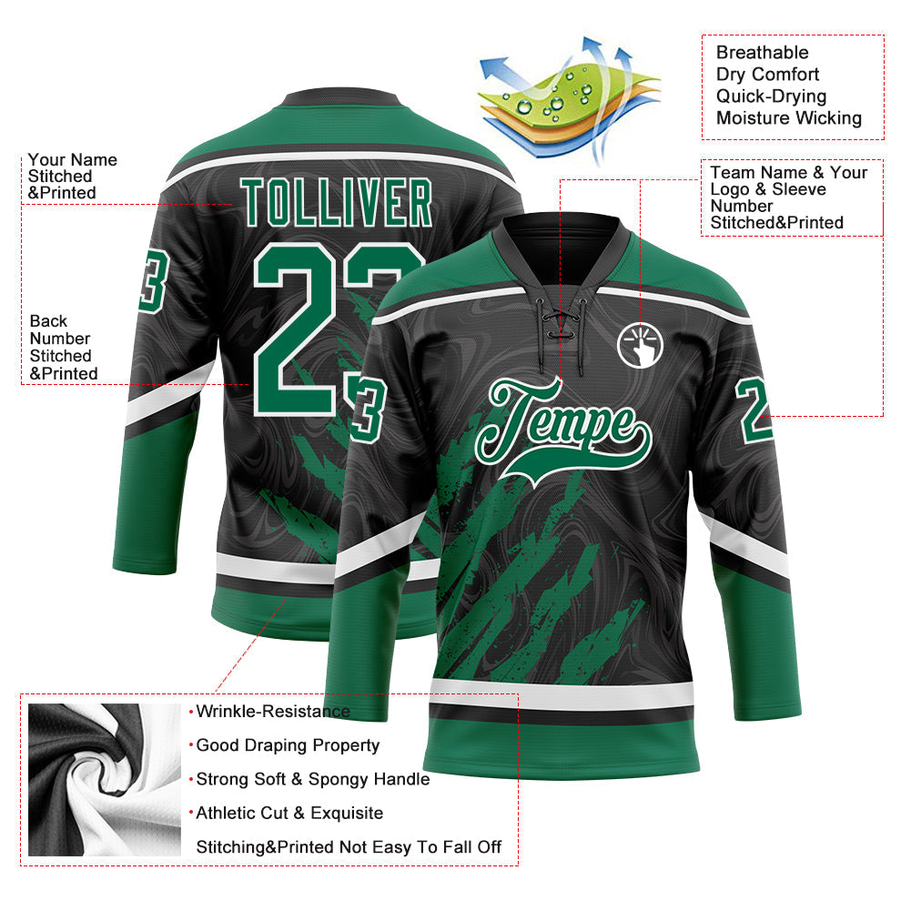 Custom Black Kelly Green-White 3D Splash Art Hockey Lace Neck Jersey
