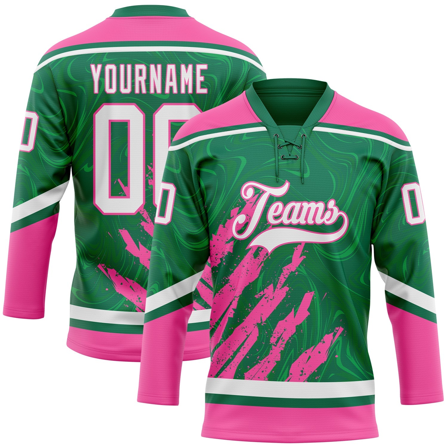Custom Kelly Green White-Pink 3D Splash Art Hockey Lace Neck Jersey