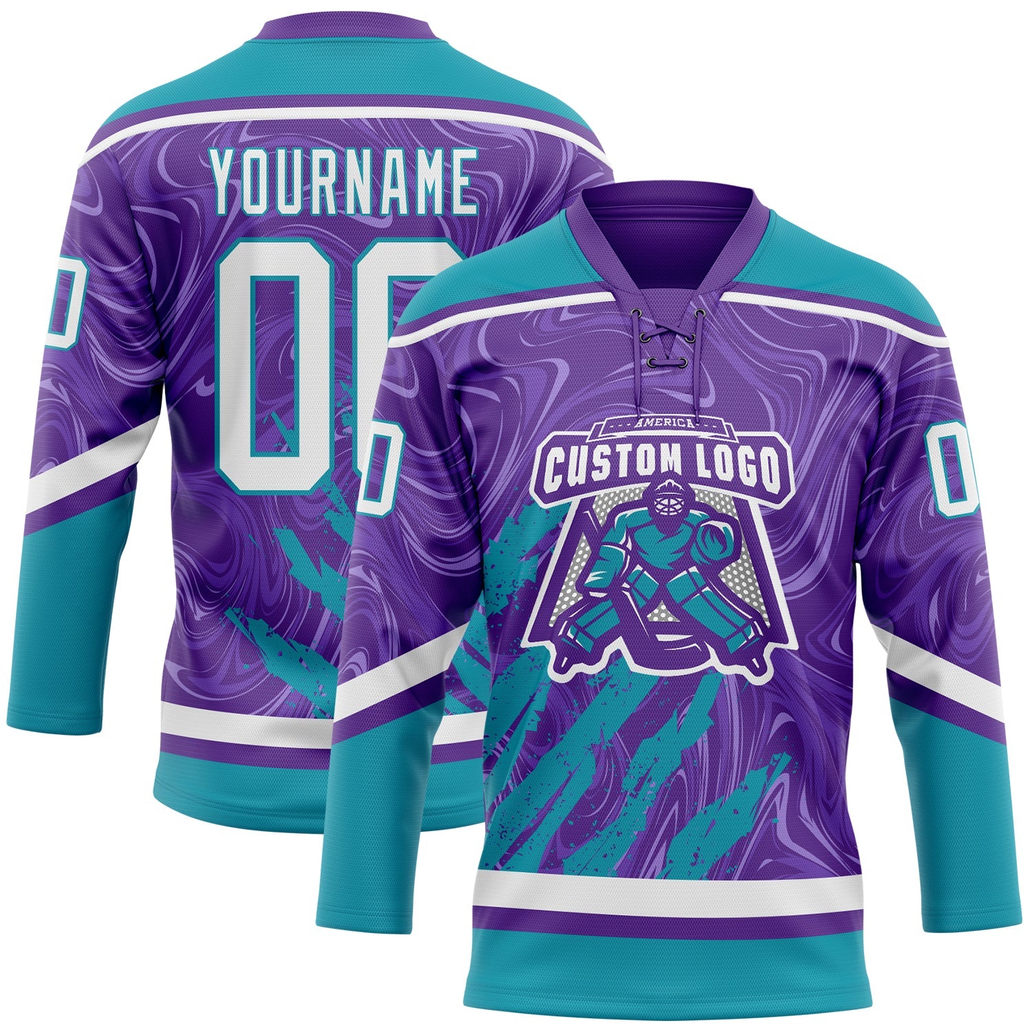 Custom Purple White-Teal 3D Splash Art Hockey Lace Neck Jersey