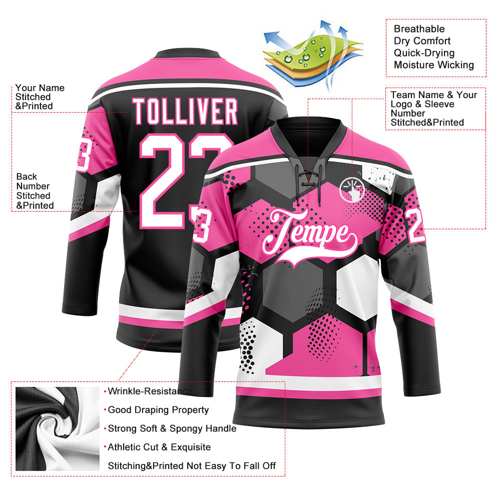 Custom Pink White-Black 3D Pattern Geometric Shape Hockey Lace Neck Jersey