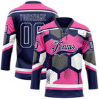 Custom Pink Navy-White 3D Pattern Geometric Shape Hockey Lace Neck Jersey