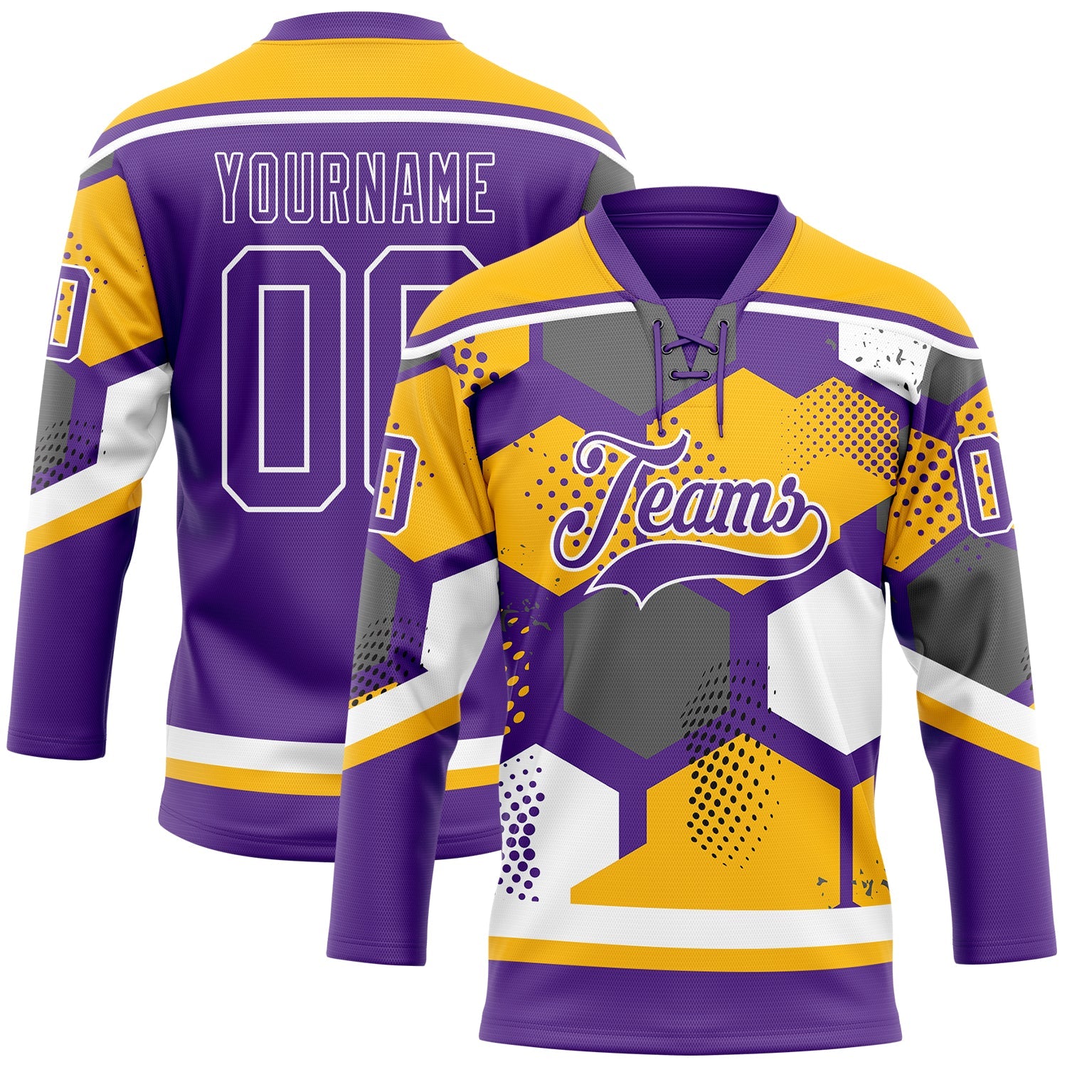Custom Gold Purple-White 3D Pattern Geometric Shape Hockey Lace Neck Jersey