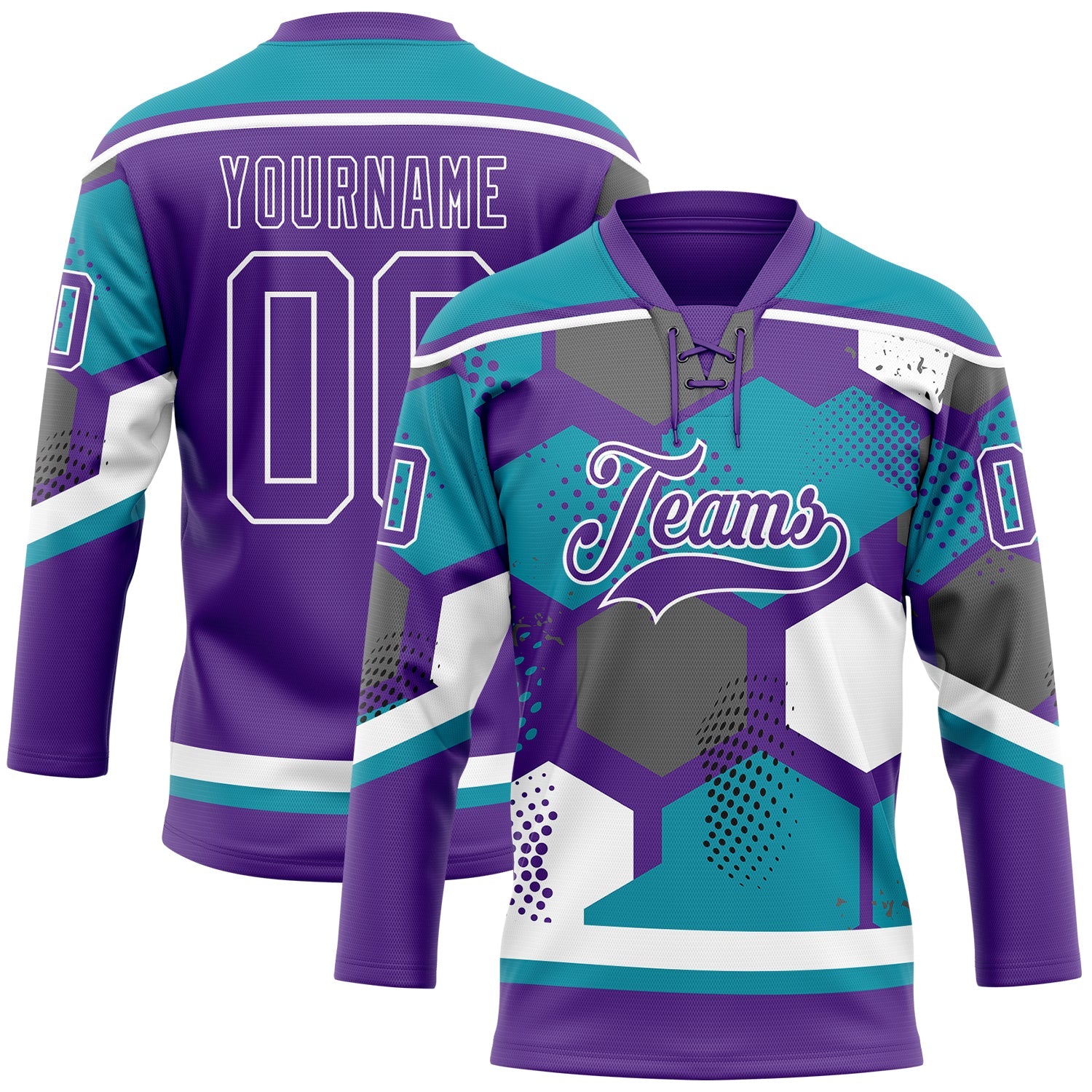 Custom Teal Purple-White 3D Pattern Geometric Shape Hockey Lace Neck Jersey