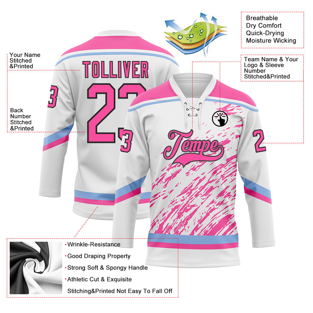 Custom White Pink Light Blue-Black 3D Splash Art Hockey Lace Neck Jersey