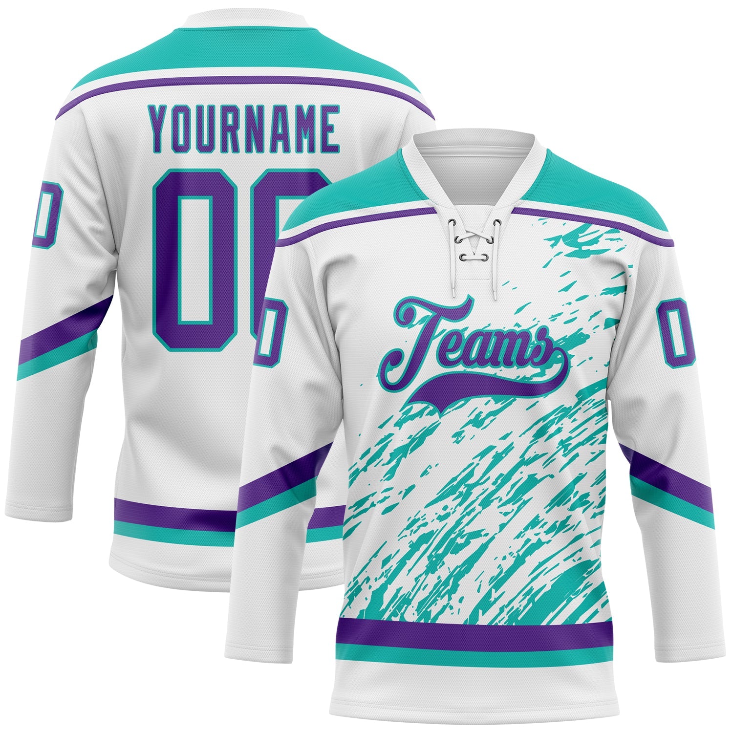 Custom White Purple-Aqua 3D Splash Art Hockey Lace Neck Jersey
