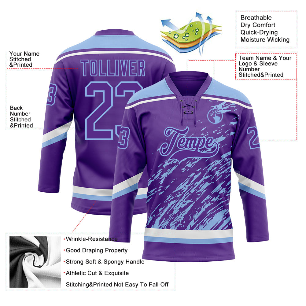 Custom Purple Light Blue-White 3D Splash Art Hockey Lace Neck Jersey