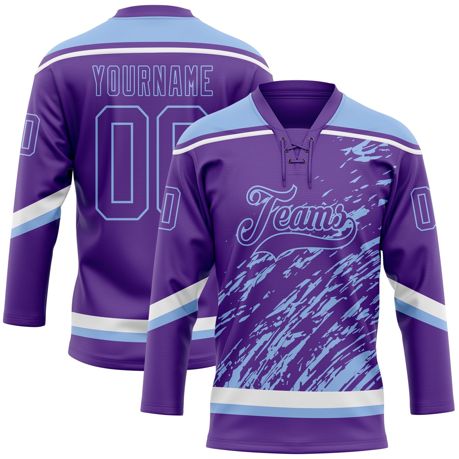 Custom Purple Light Blue-White 3D Splash Art Hockey Lace Neck Jersey