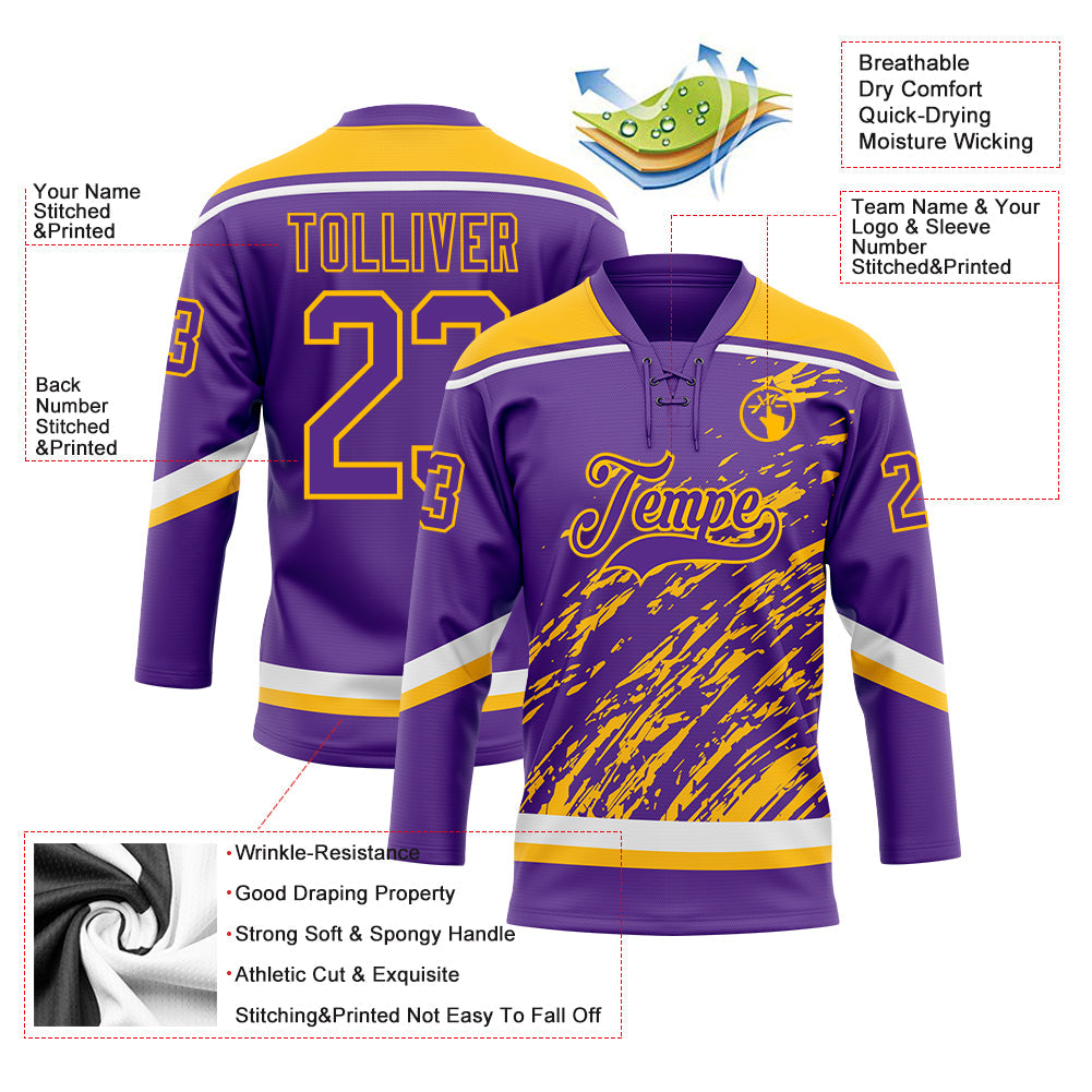 Custom Purple Gold-White 3D Splash Art Hockey Lace Neck Jersey