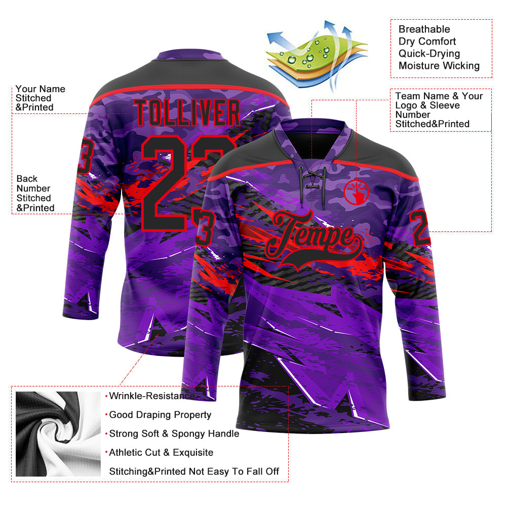 Custom Camo Black Purple-Fire Red 3D Camouflage Grunge Hockey Lace Neck Jersey