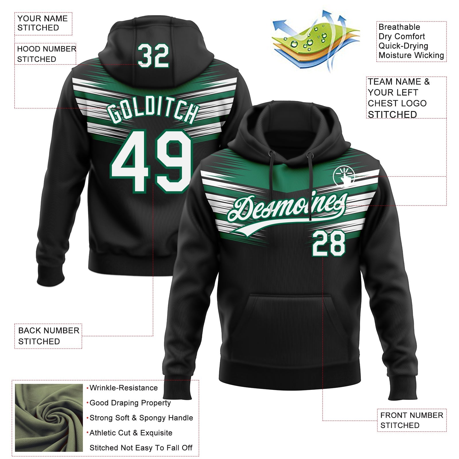 Custom Stitched Black White-Kelly Green 3D Pattern Design E-sports Pullover Sweatshirt Hoodie