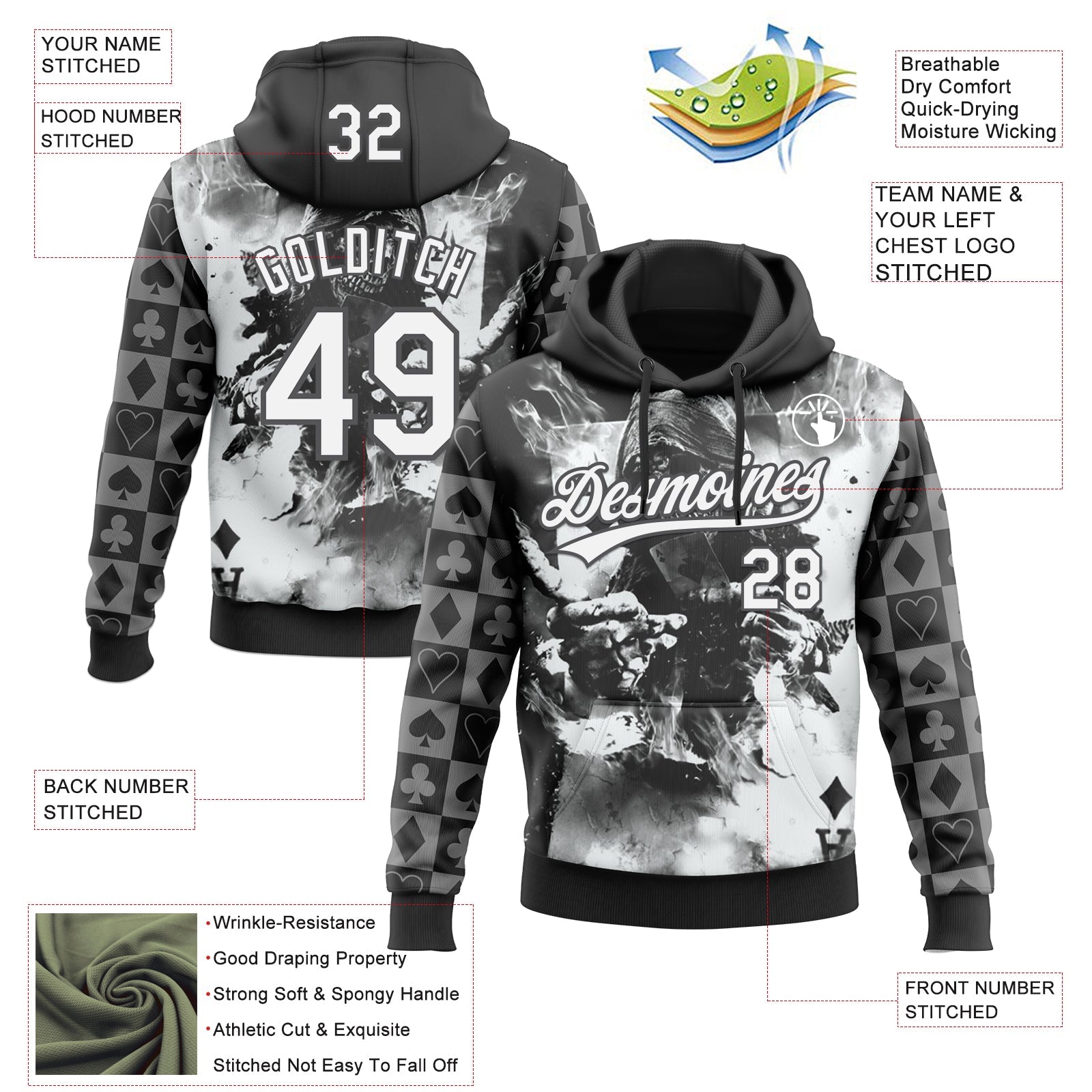 Custom Stitched Black White-Steel Gray 3D Skull Poker Pattern Pullover Sweatshirt Hoodie