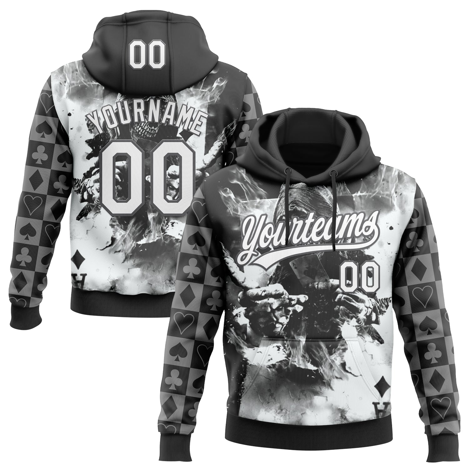 Custom Stitched Black White-Steel Gray 3D Skull Poker Pattern Pullover Sweatshirt Hoodie