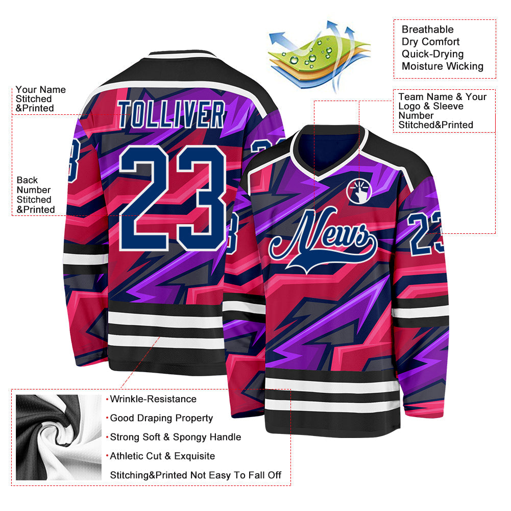 Custom Black US Navy Blue Purple Pink-White 3D Pattern Cyber Mecha E-sport Hockey Jersey