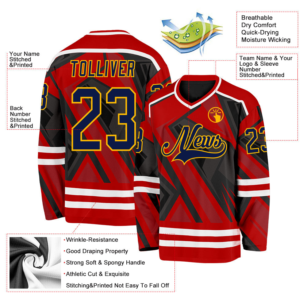 Custom Red Navy Black Gold-White 3D Pattern Cyber Mecha E-sport Hockey Jersey