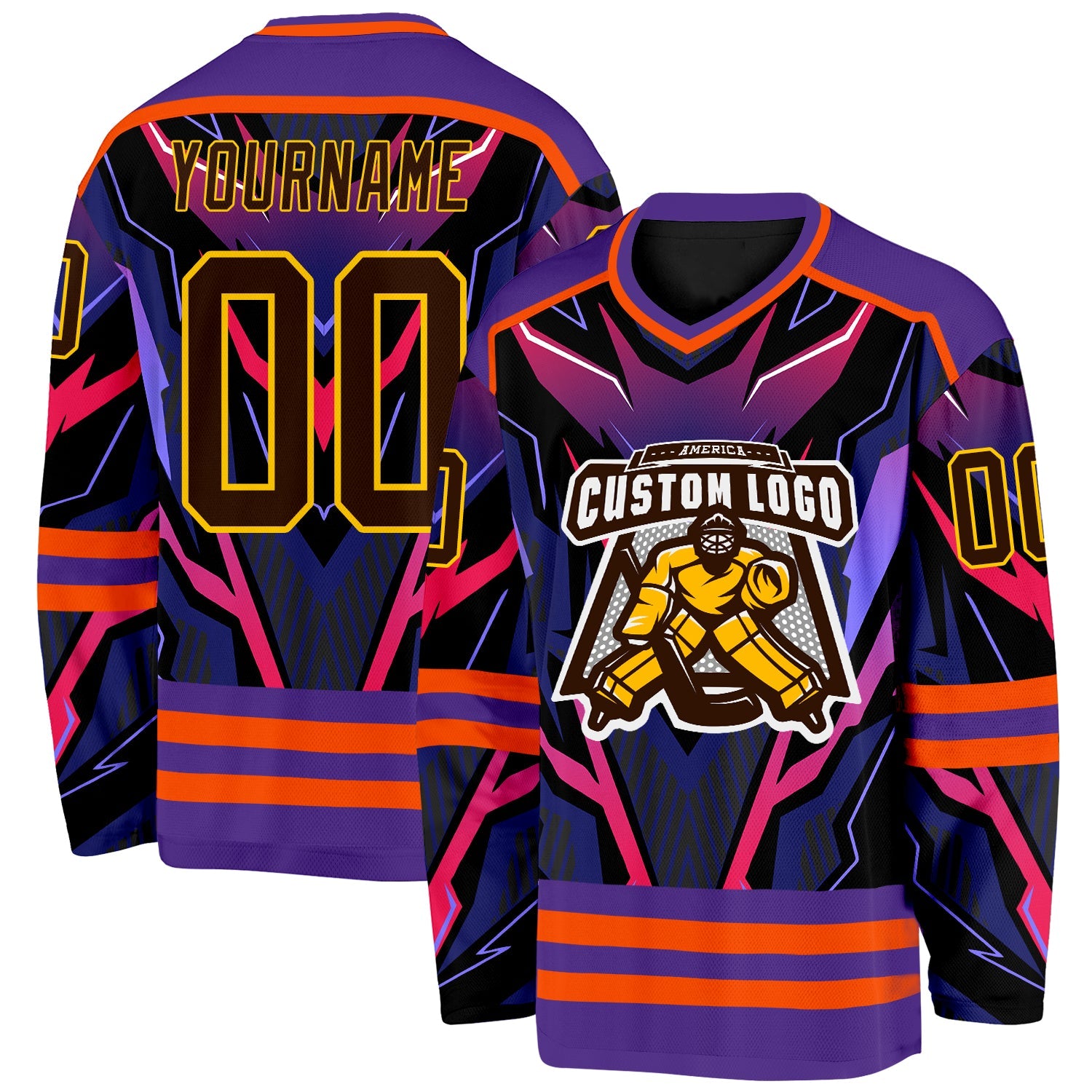 Custom Purple Brown Orange Black-Yellow 3D Pattern Cyber Mecha E-sport Hockey Jersey