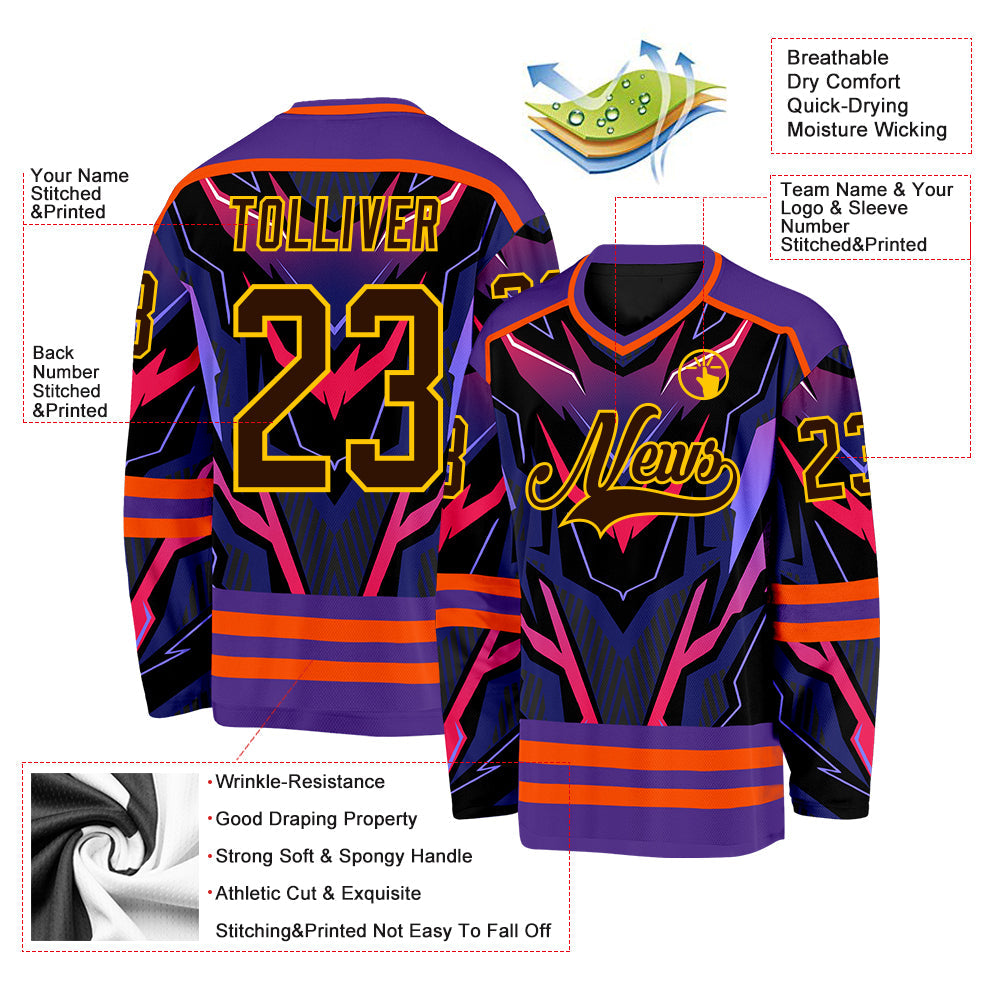Custom Purple Brown Orange Black-Yellow 3D Pattern Cyber Mecha E-sport Hockey Jersey
