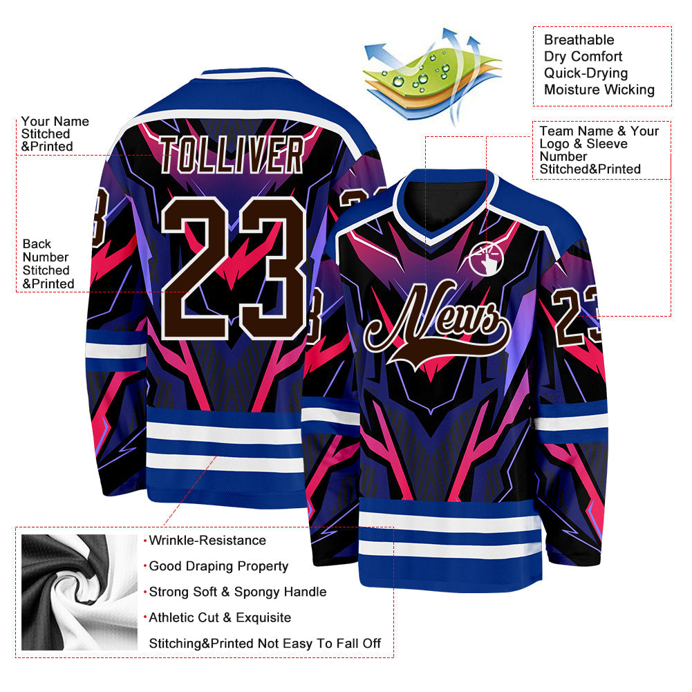Custom Royal Brown Black Red Purple-White 3D Pattern Cyber Mecha E-sport Hockey Jersey
