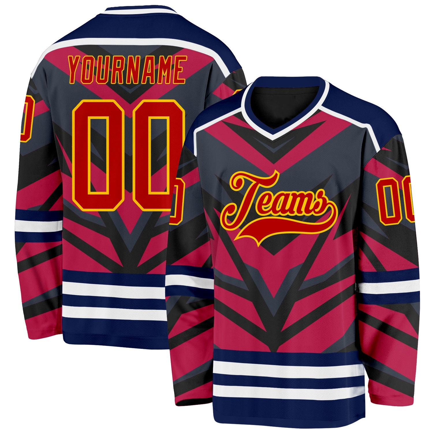 Custom Navy Red Black Yellow-White 3D Pattern Cyber Mecha E-sport Hockey Jersey