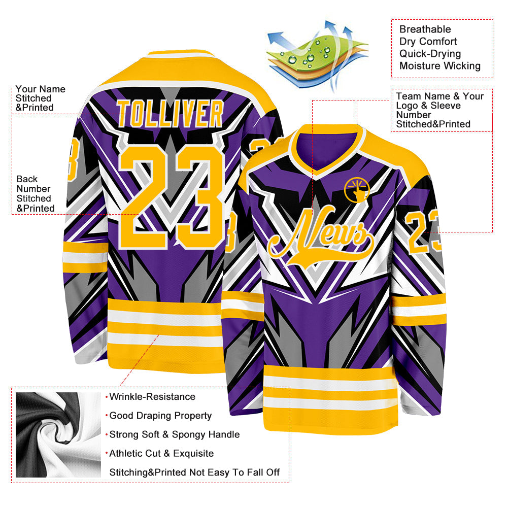 Custom Purple Gold Black Gray-White 3D Pattern Cyber Mecha E-sport Hockey Jersey
