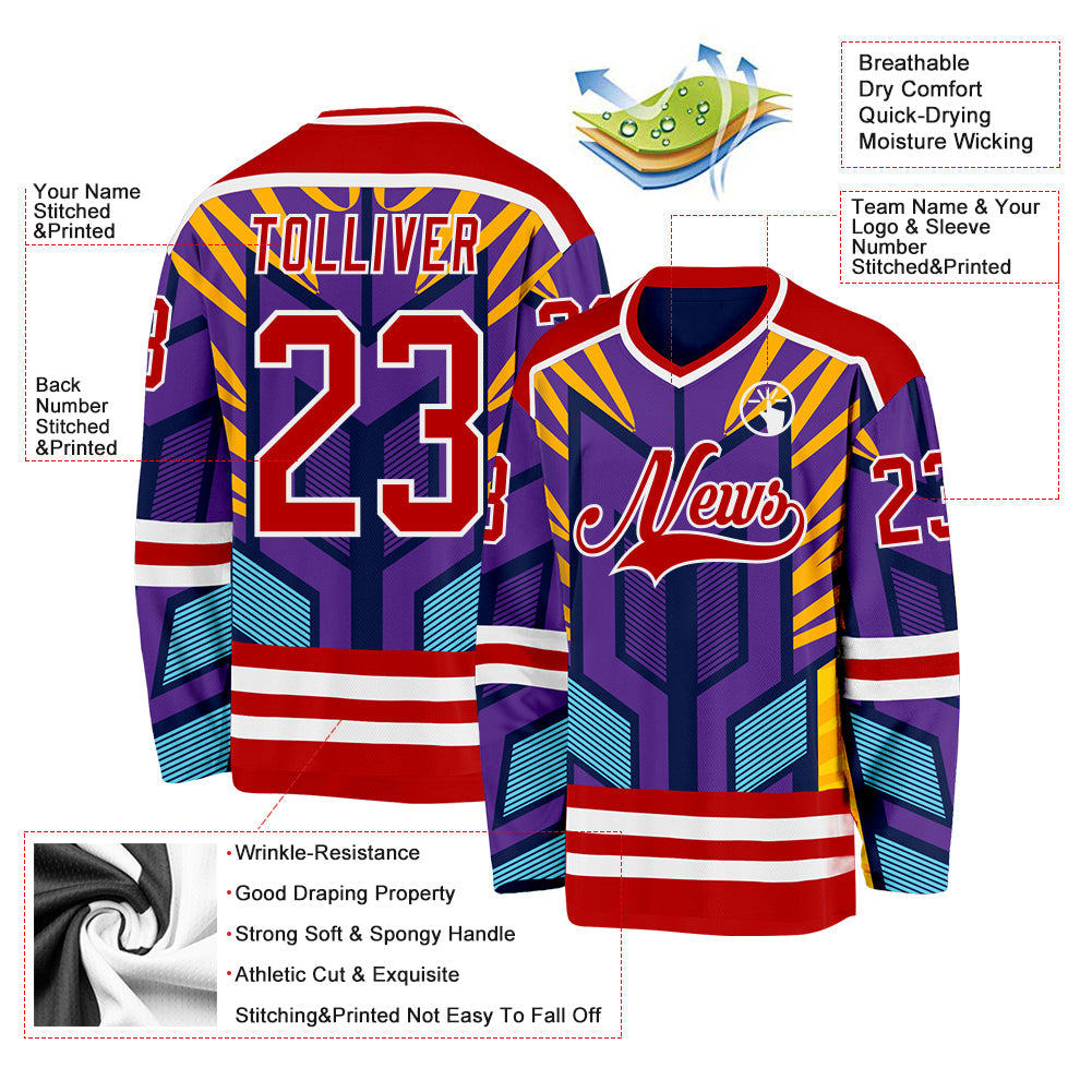 Custom Purple Red Yellow Blue-White 3D Pattern Cyber Mecha E-sport Hockey Jersey