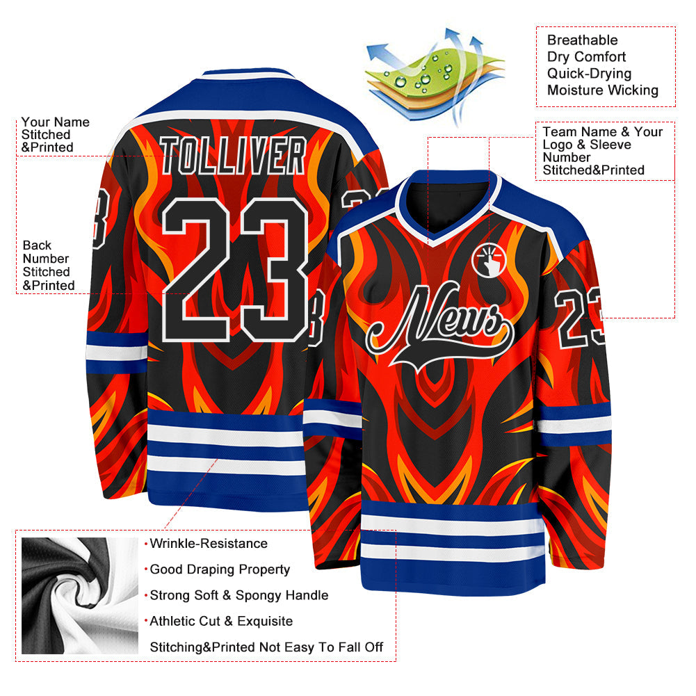 Custom Royal Black Red Orange-White 3D Pattern Cyber Mecha E-sport Hockey Jersey