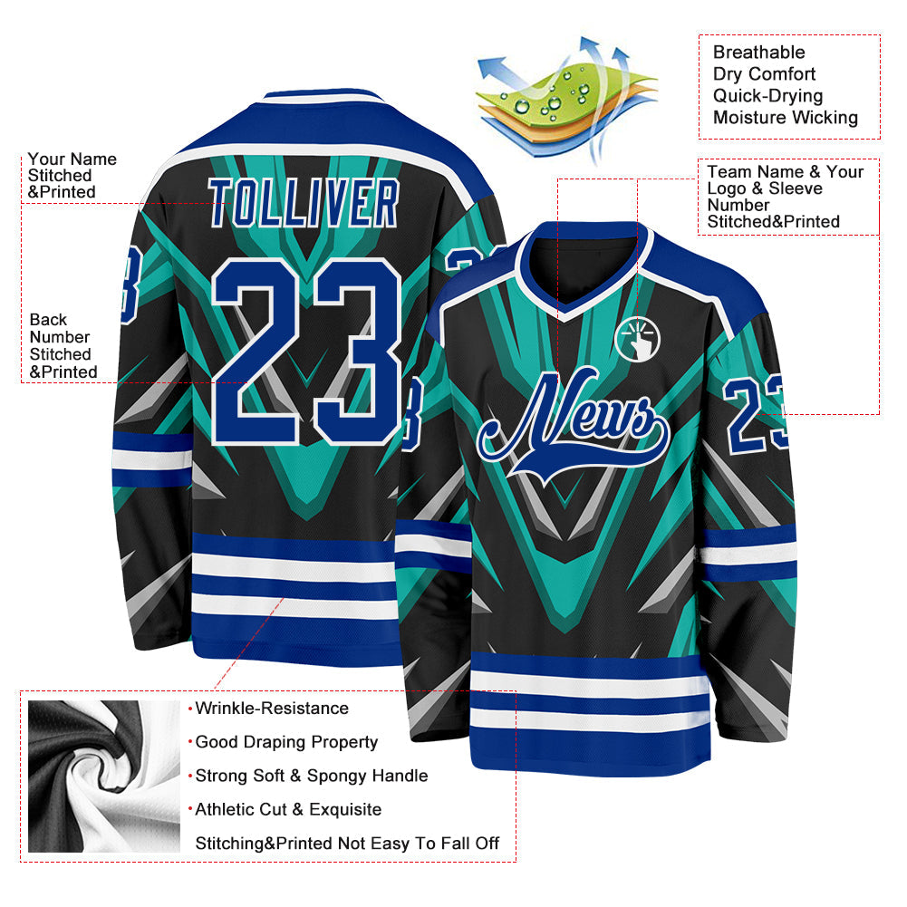 Custom Black Royal Green Gray-White 3D Pattern Cyber Mecha E-sport Hockey Jersey