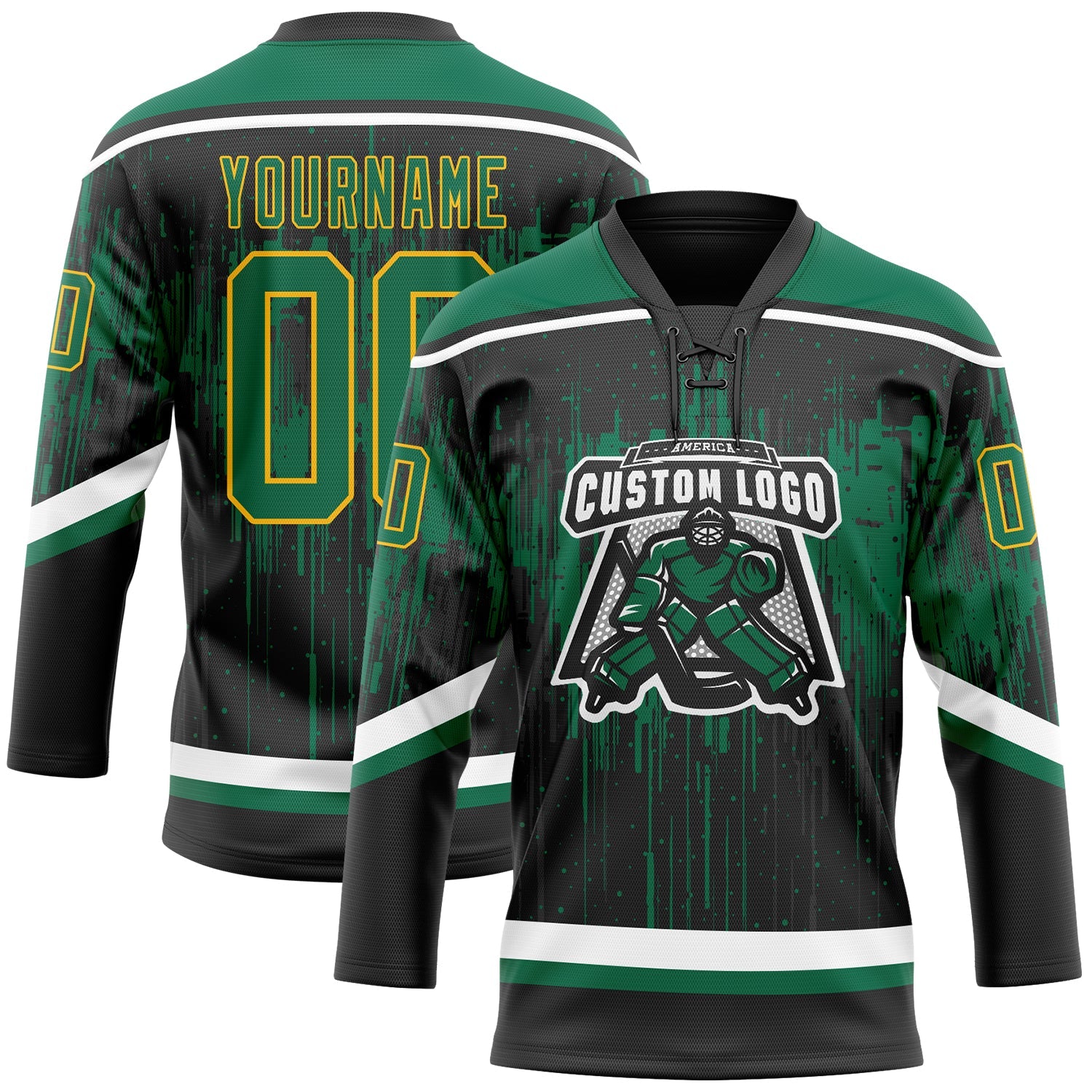 Custom Black Kelly Green Gold Steel Gray-White 3D Pattern Dripping Splatter Hockey Lace Neck Jersey