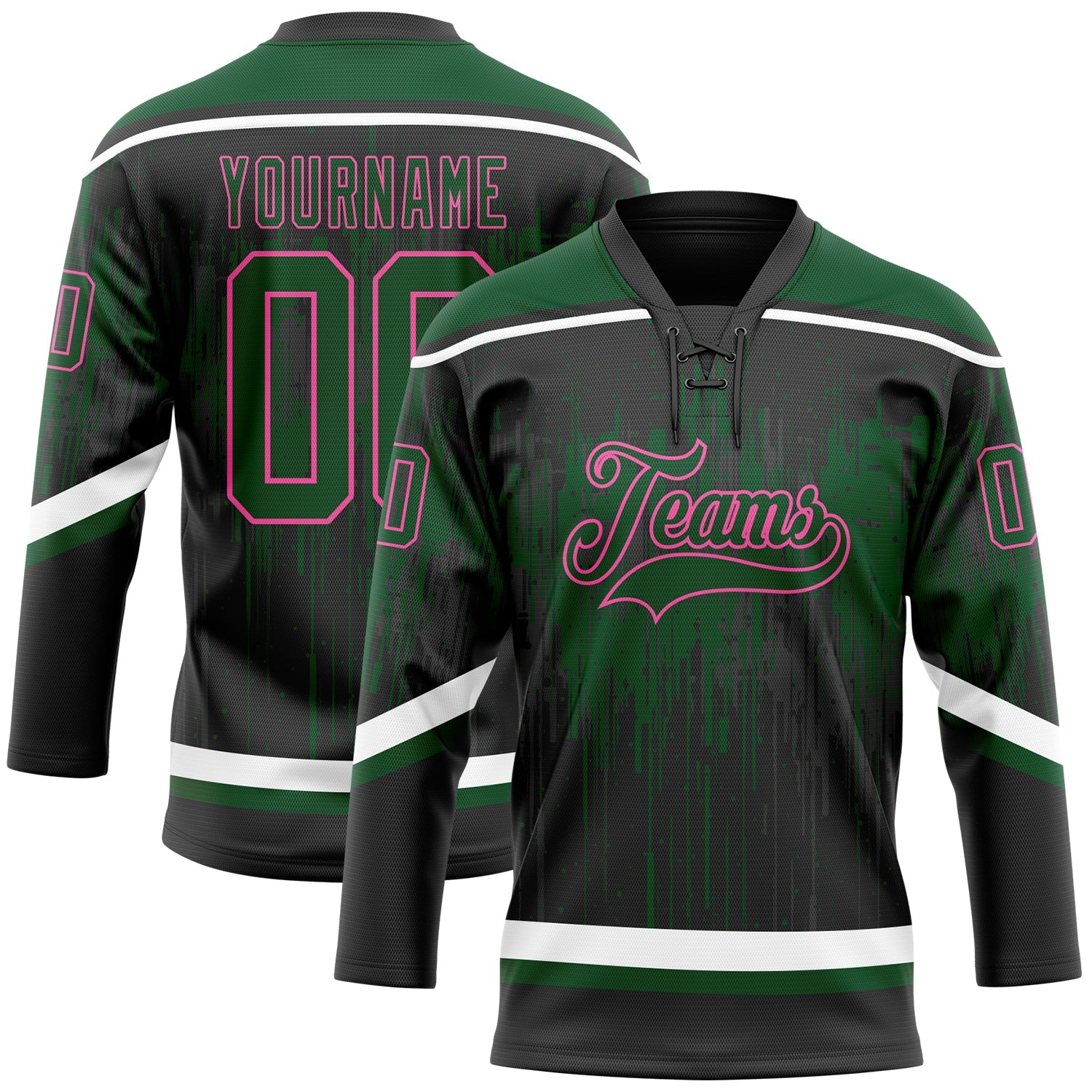 Custom Black Green Pink Steel Gray-White 3D Pattern Dripping Splatter Hockey Lace Neck Jersey