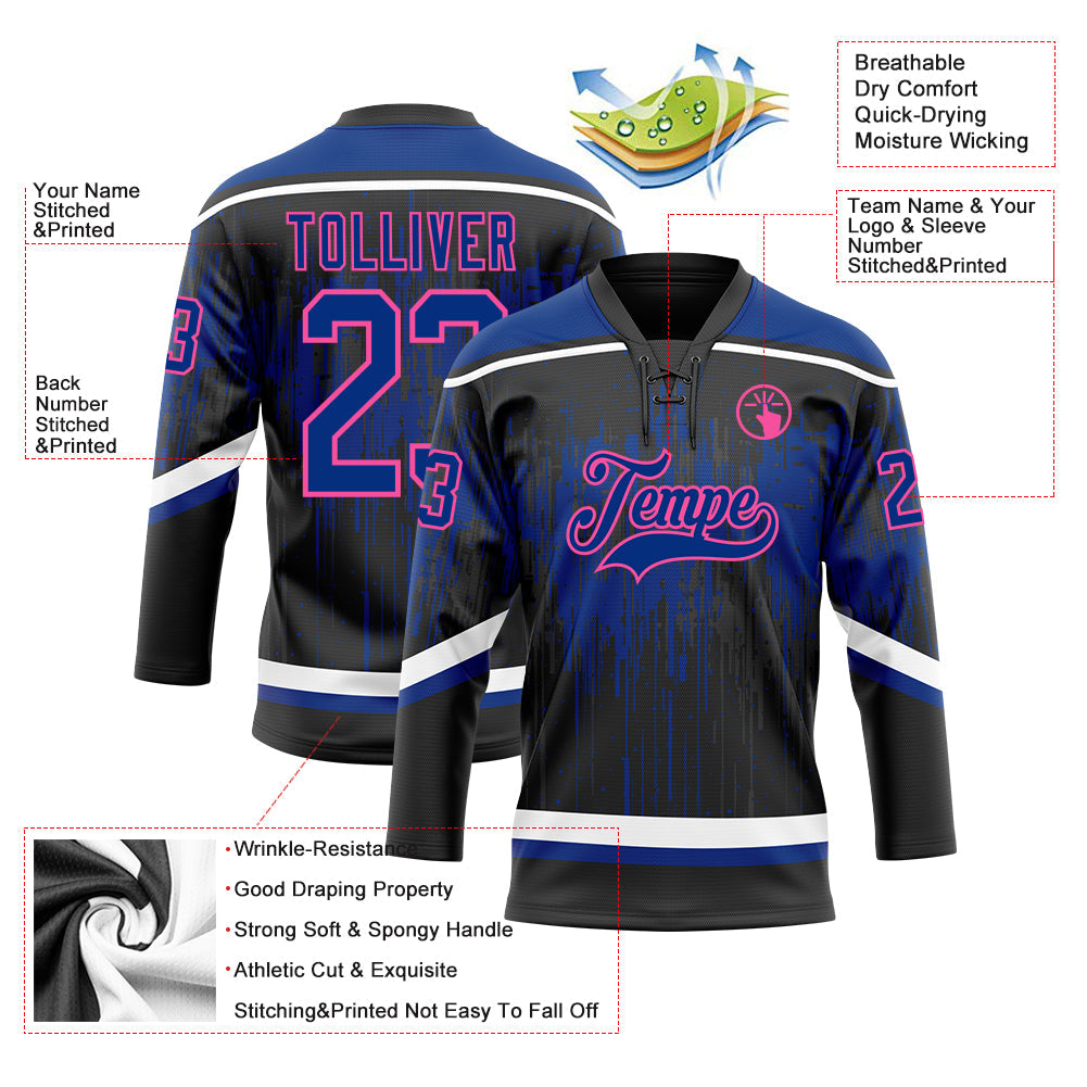 Custom Black Royal Pink Steel Gray-White 3D Pattern Dripping Splatter Hockey Lace Neck Jersey