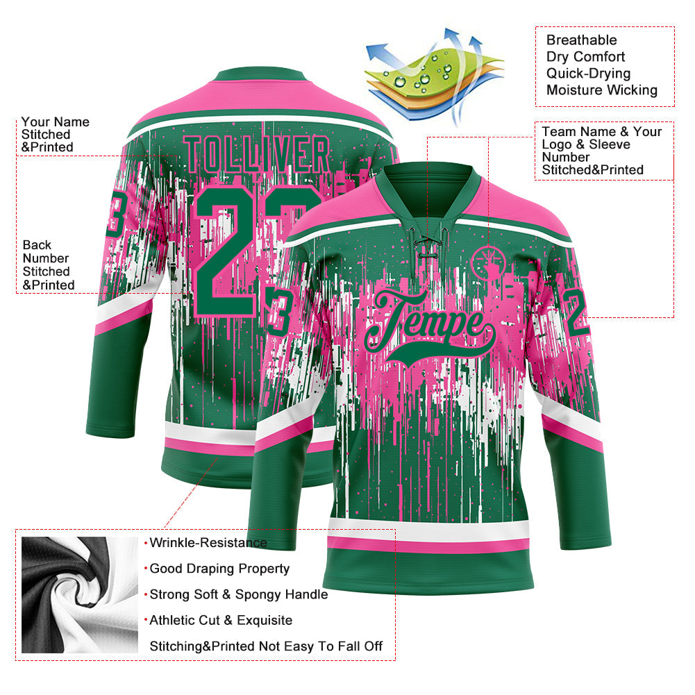 Custom Kelly Green Pink-White 3D Pattern Dripping Splatter Hockey Lace Neck Jersey