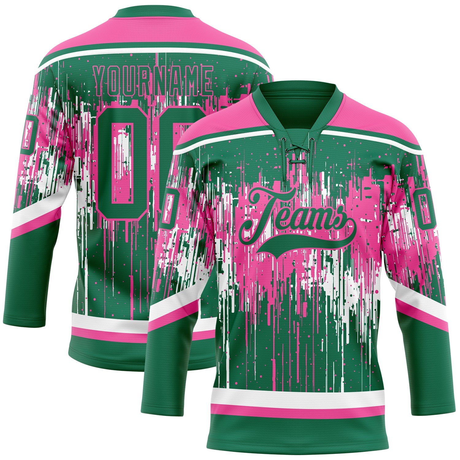 Custom Kelly Green Pink-White 3D Pattern Dripping Splatter Hockey Lace Neck Jersey