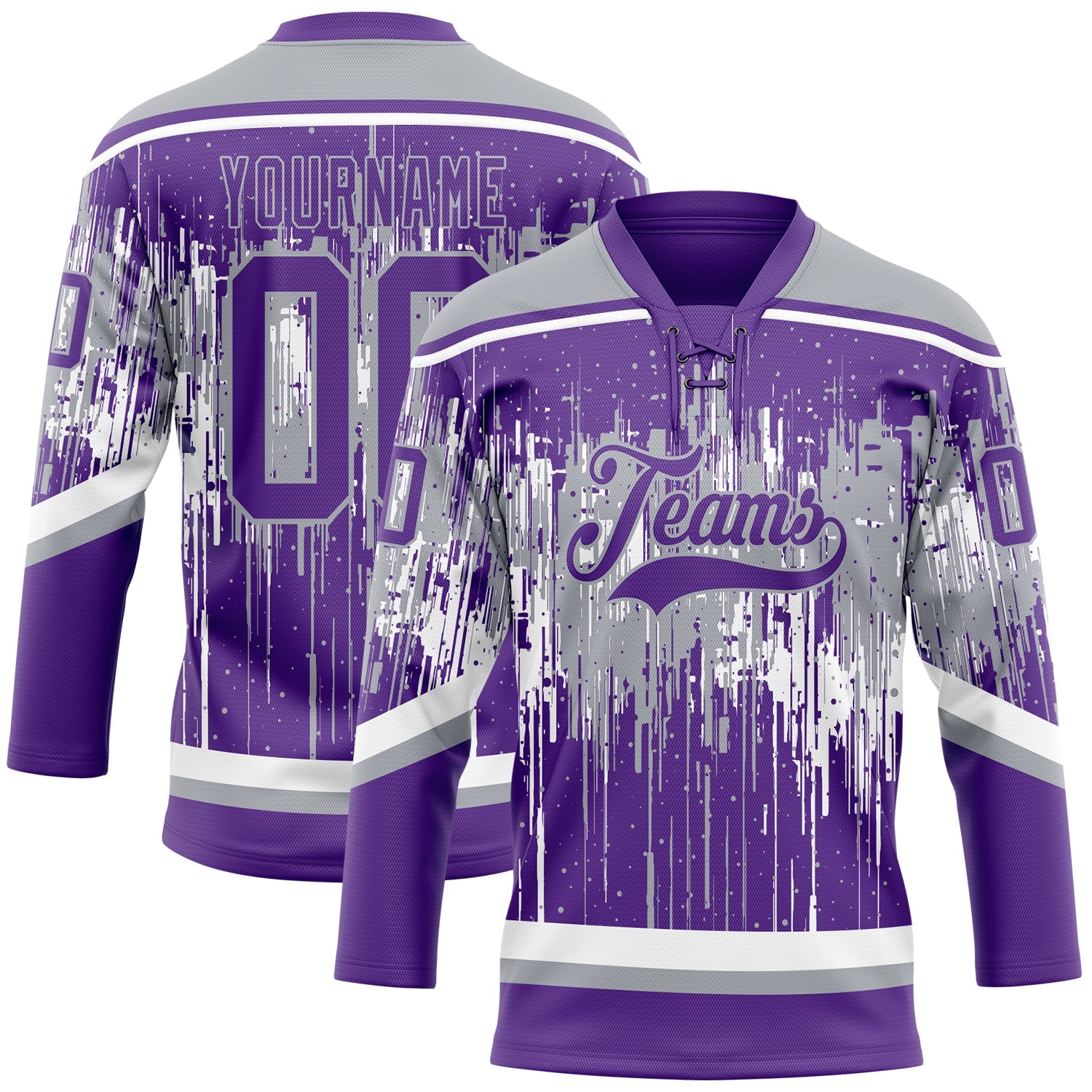 Custom Purple Gray-White 3D Pattern Dripping Splatter Hockey Lace Neck Jersey