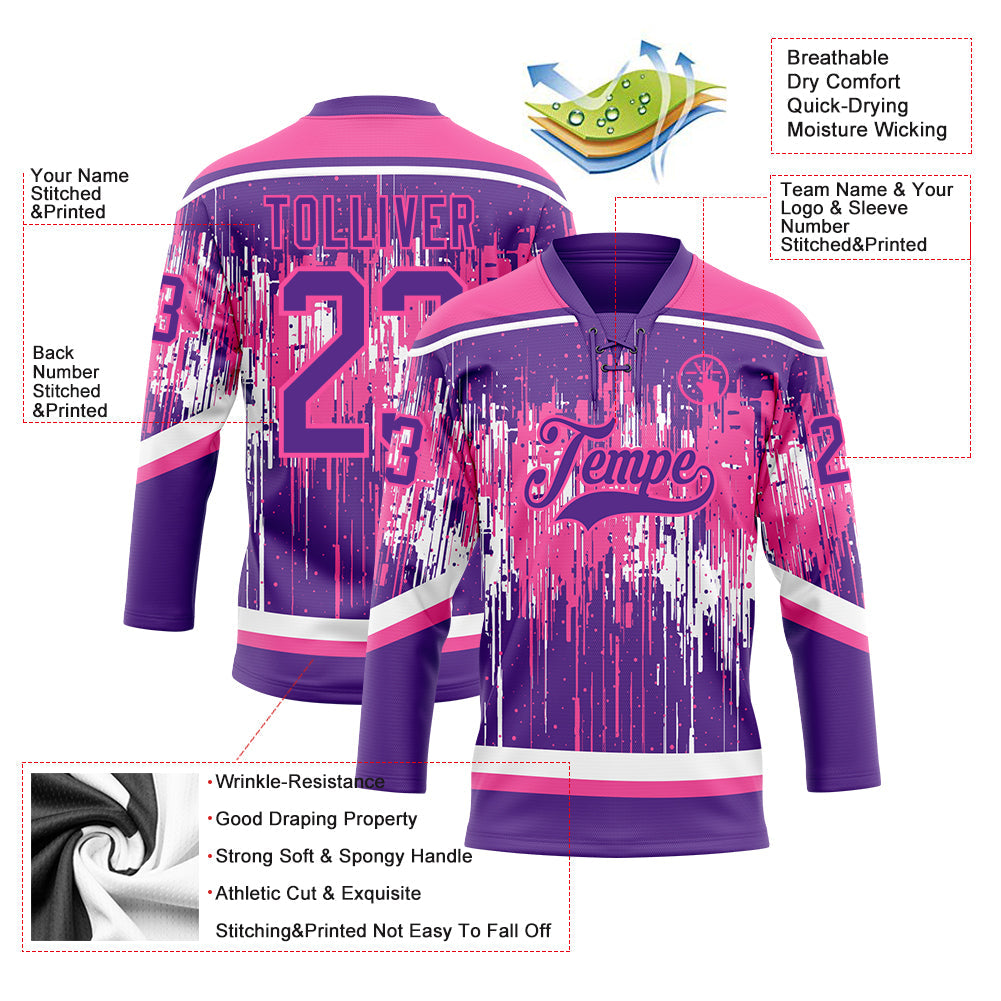 Custom Purple Pink-White 3D Pattern Dripping Splatter Hockey Lace Neck Jersey