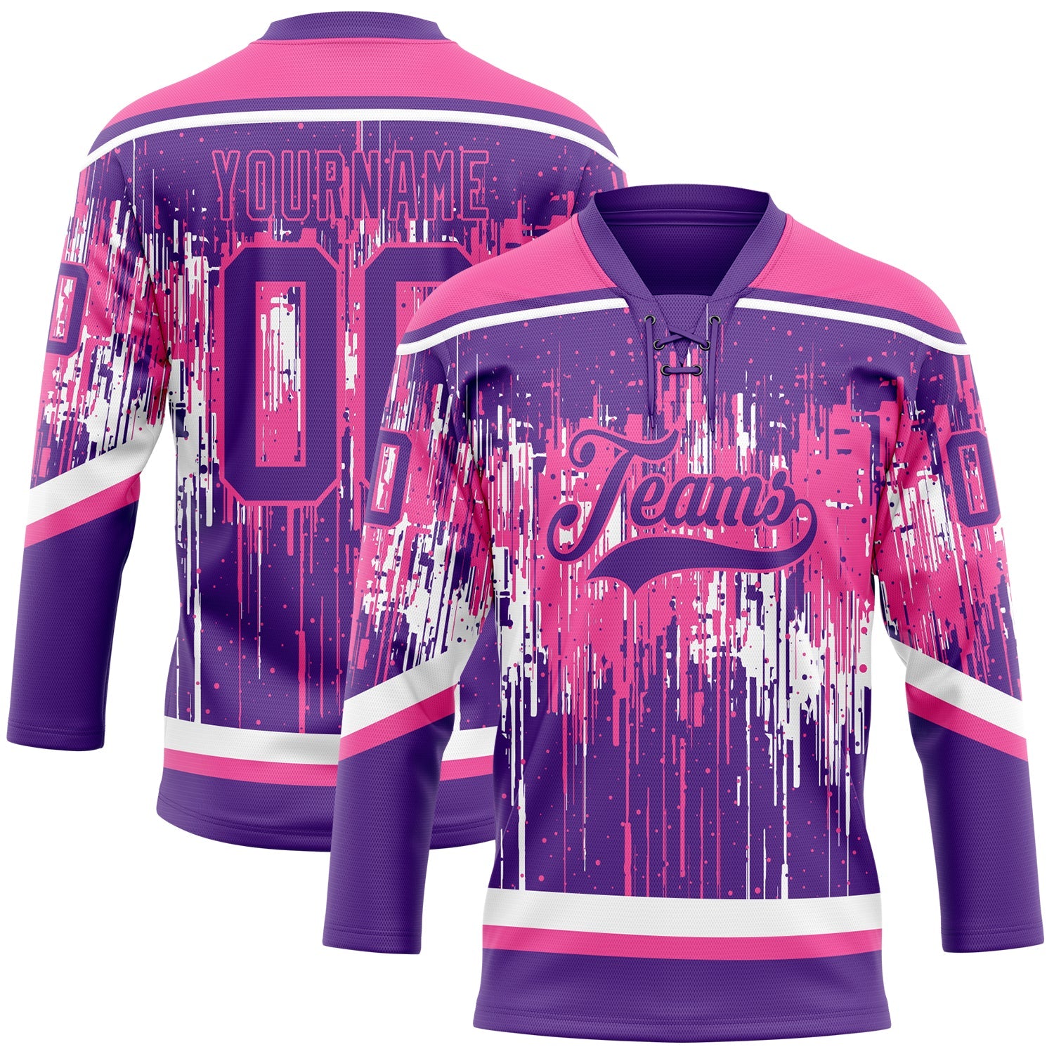 Custom Purple Pink-White 3D Pattern Dripping Splatter Hockey Lace Neck Jersey