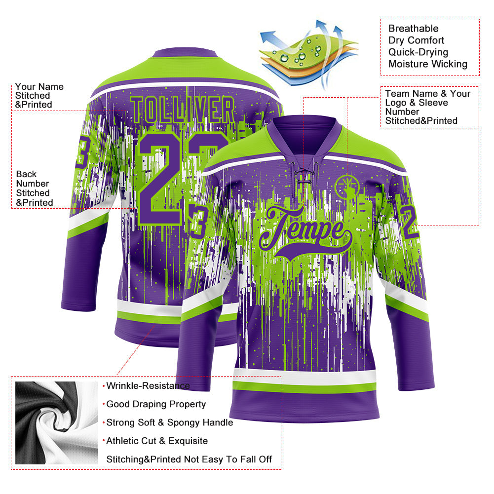 Custom Purple Neon Green-White 3D Pattern Dripping Splatter Hockey Lace Neck Jersey