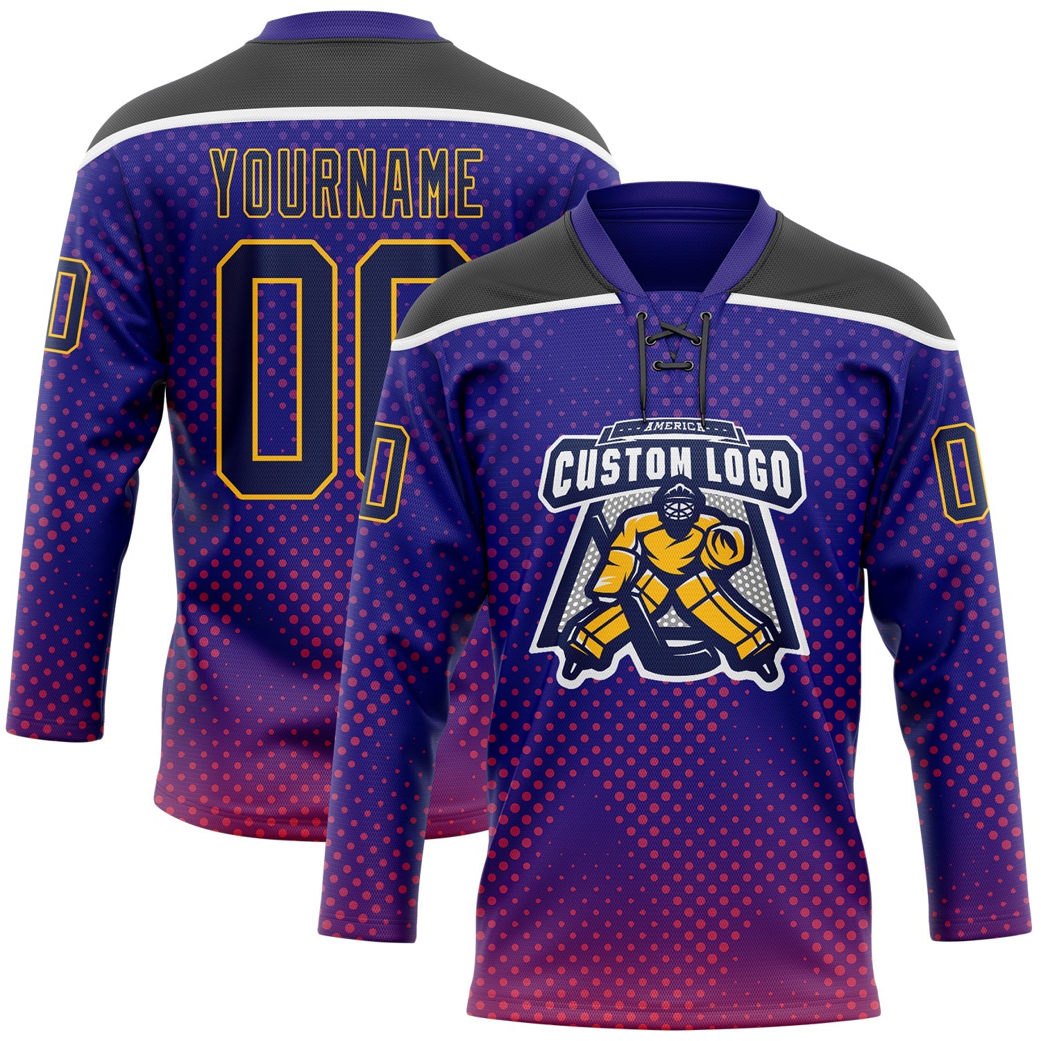 Custom Dark Purple Navy Gold Red Black-White 3D Pattern Abstract Gradient Halftone Hockey Lace Neck Jersey
