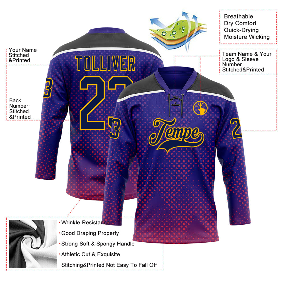 Custom Dark Purple Navy Gold Red Black-White 3D Pattern Abstract Gradient Halftone Hockey Lace Neck Jersey