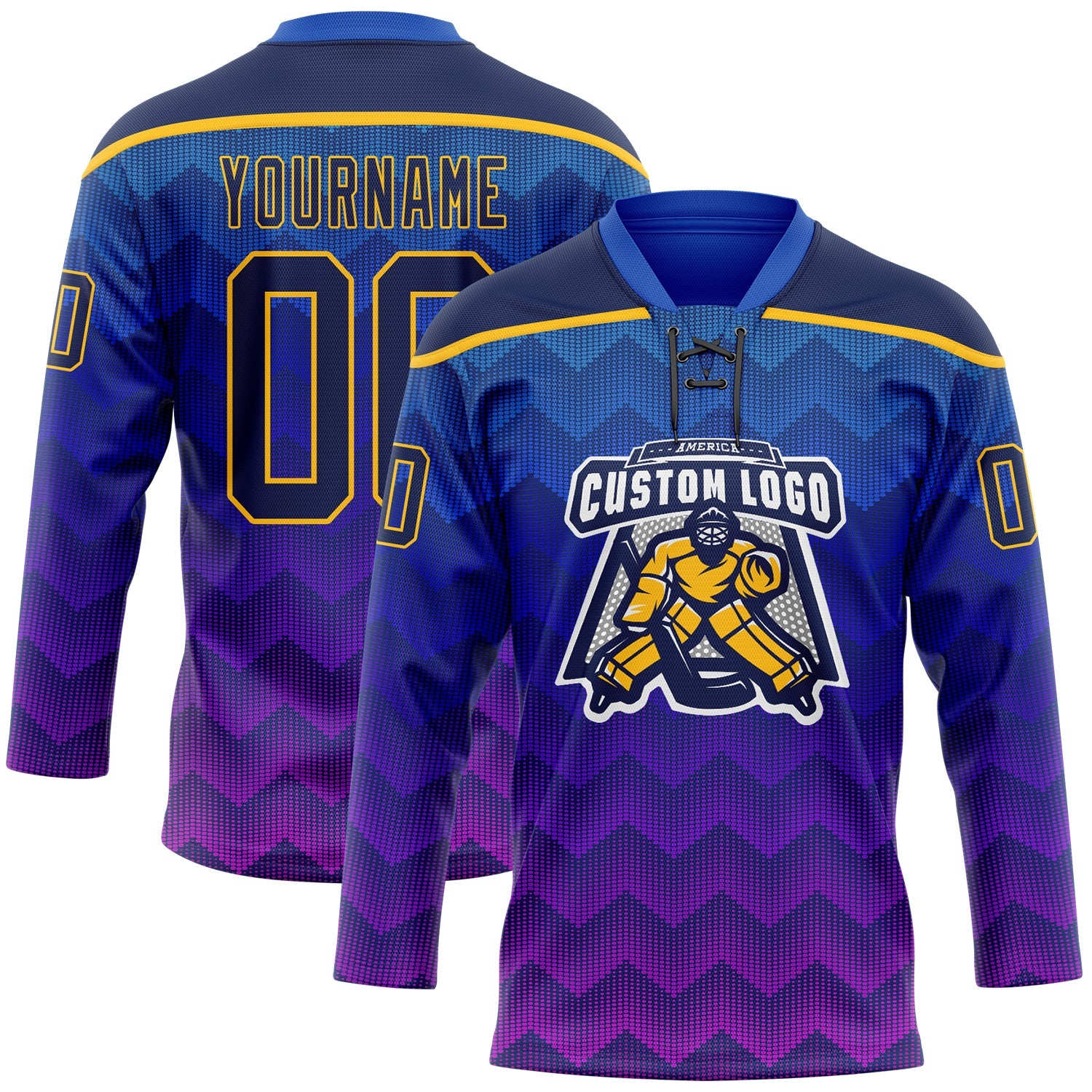 Custom Blue Navy Purple-Gold 3D Pattern Abstract Gradient Halftone Hockey Lace Neck Jersey