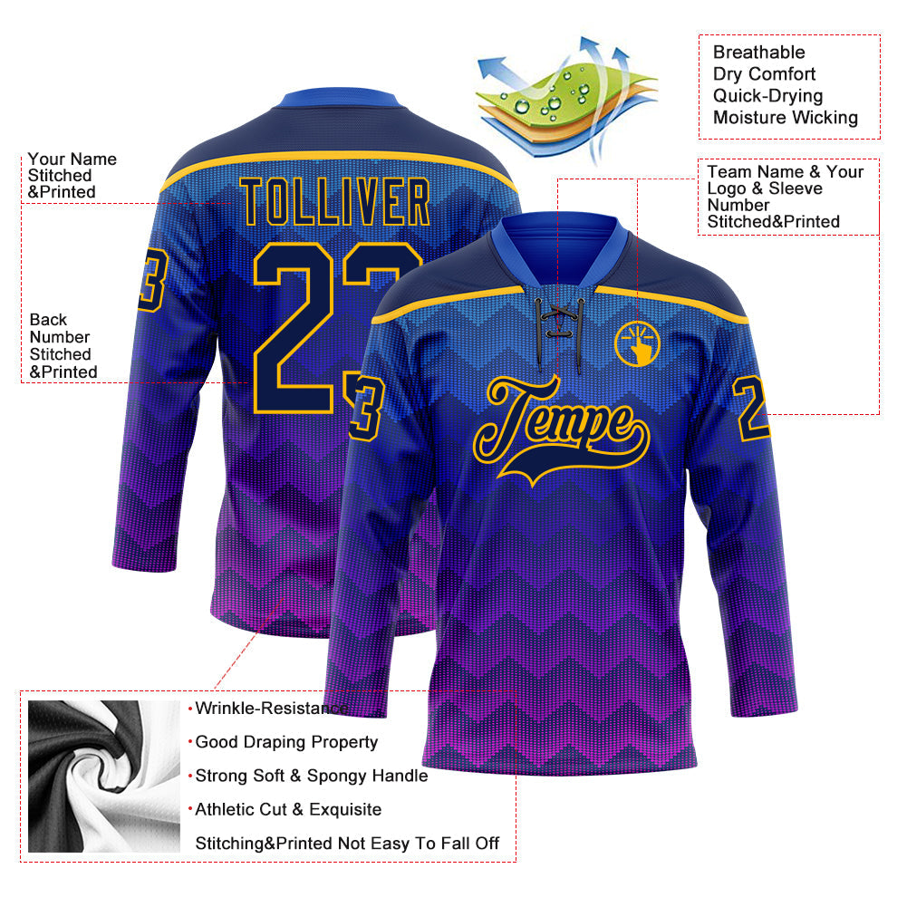 Custom Blue Navy Purple-Gold 3D Pattern Abstract Gradient Halftone Hockey Lace Neck Jersey