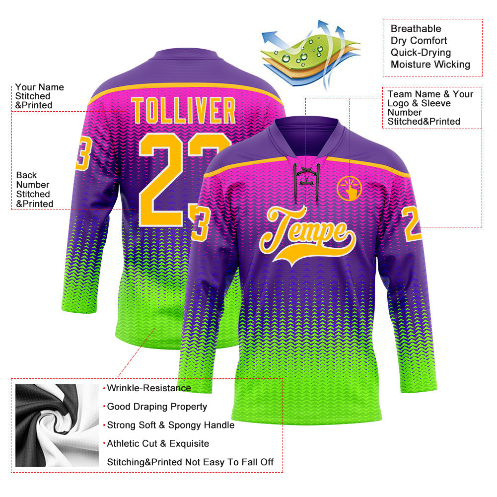 Custom Purple Gold Green-White 3D Pattern Abstract Gradient Halftone Hockey Lace Neck Jersey