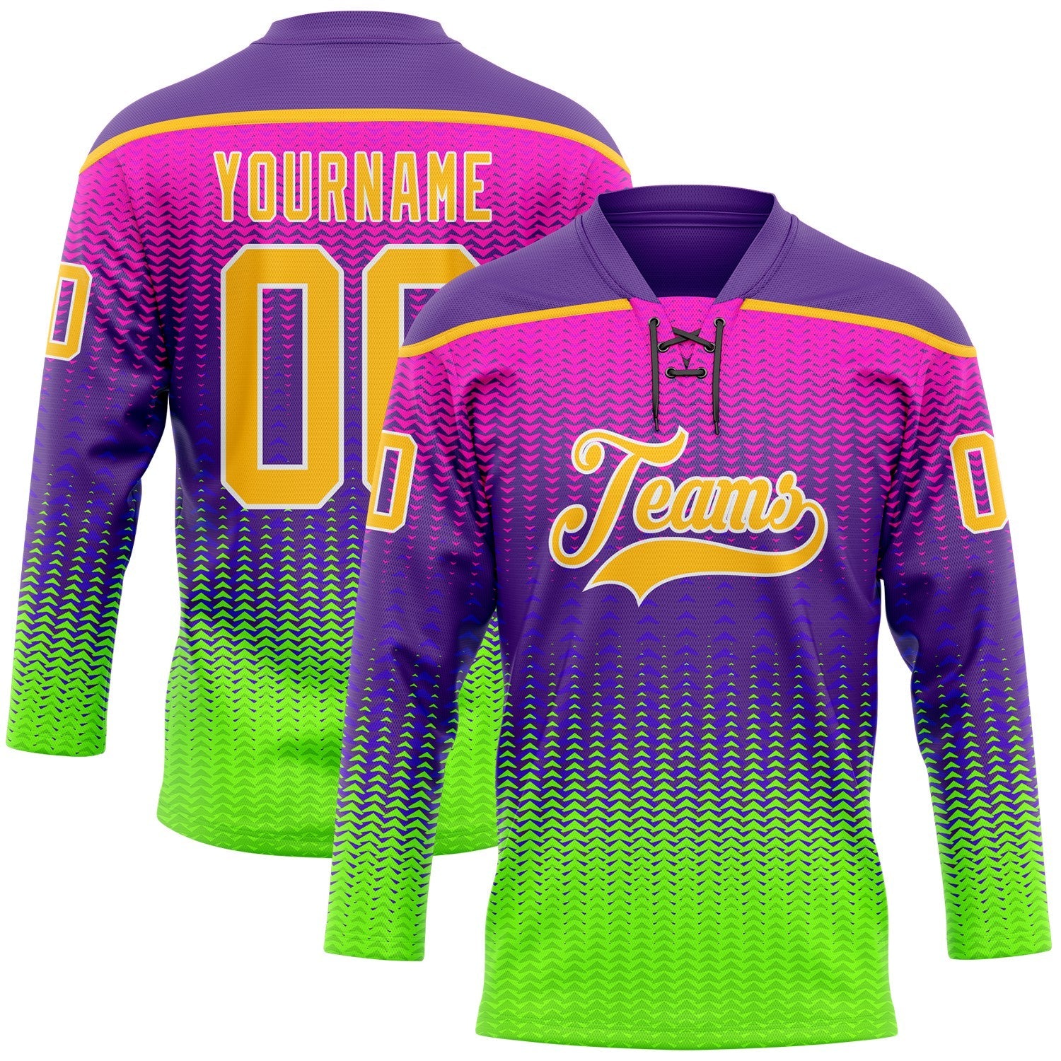 Custom Purple Gold Green-White 3D Pattern Abstract Gradient Halftone Hockey Lace Neck Jersey