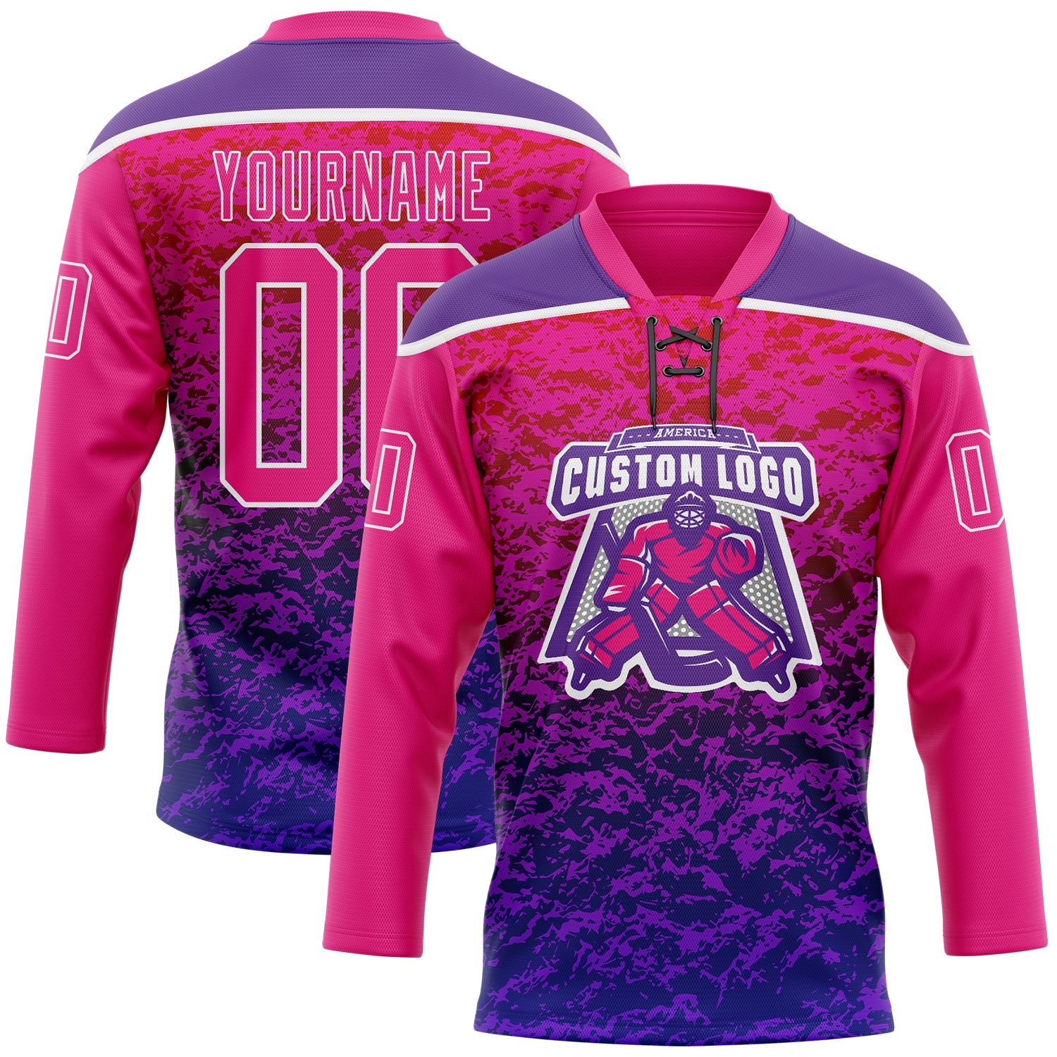 Custom Hot Pink Purple-White 3D Pattern Abstract Gradient Halftone Hockey Lace Neck Jersey