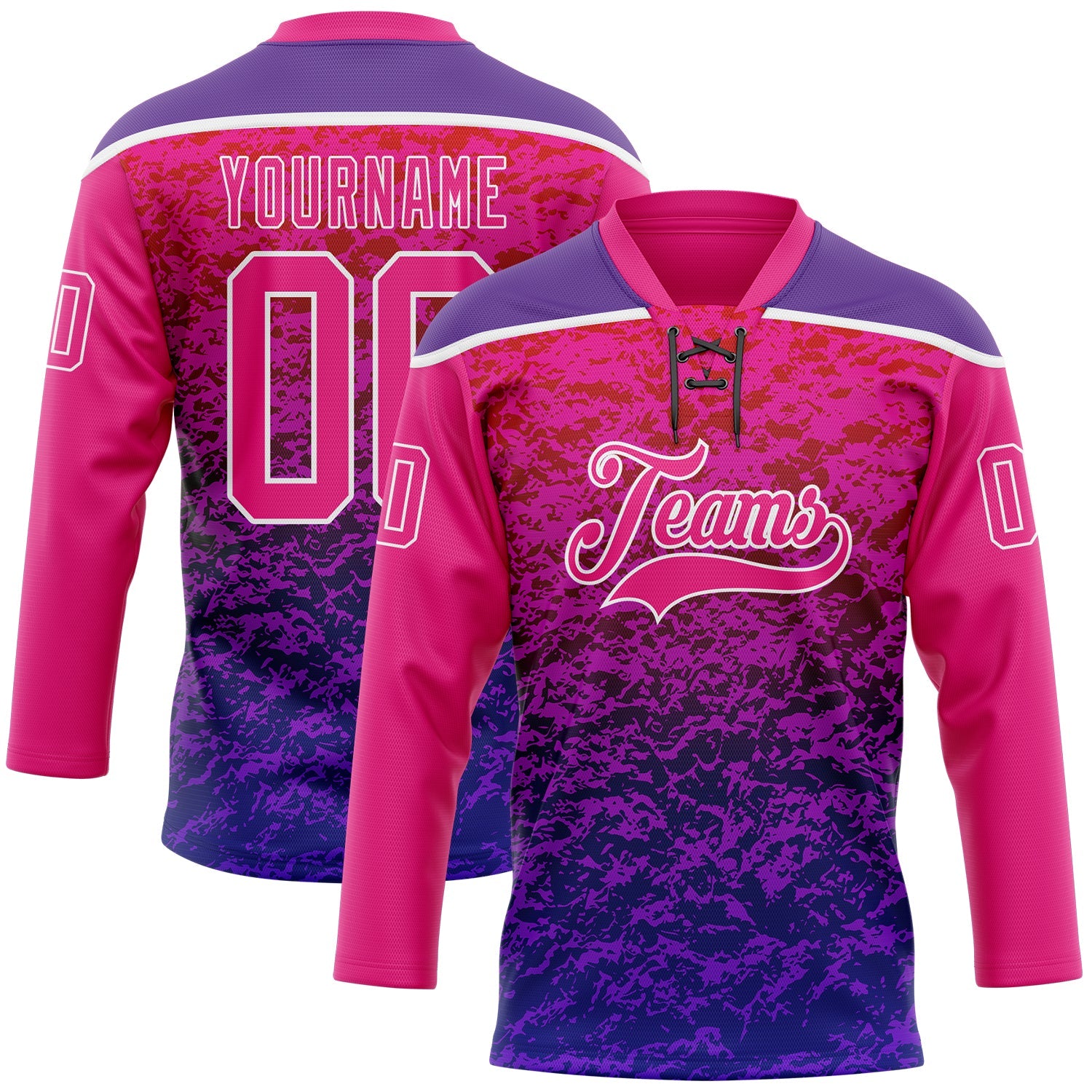 Custom Hot Pink Purple-White 3D Pattern Abstract Gradient Halftone Hockey Lace Neck Jersey