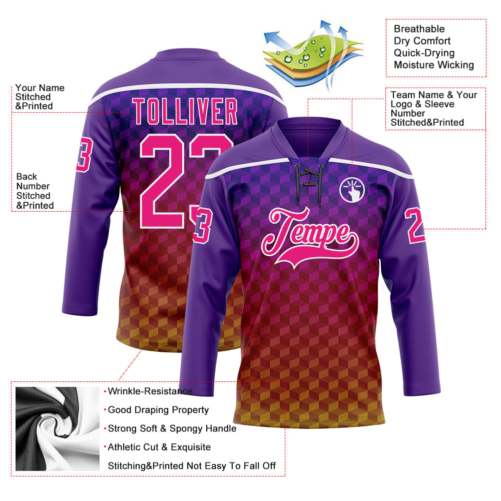 Custom Purple Hot Pink Old Gold-White 3D Pattern Abstract Gradient Halftone Hockey Lace Neck Jersey