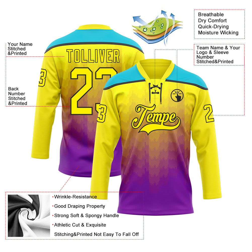 Custom Light Yellow Purple Lakes Blue-Black 3D Pattern Abstract Gradient Halftone Hockey Lace Neck Jersey