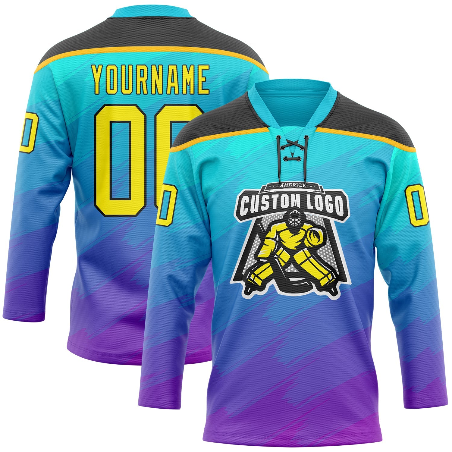 Custom Lakes Blue Light Yellow Purple Gold-Black 3D Pattern Abstract Gradient Halftone Hockey Lace Neck Jersey